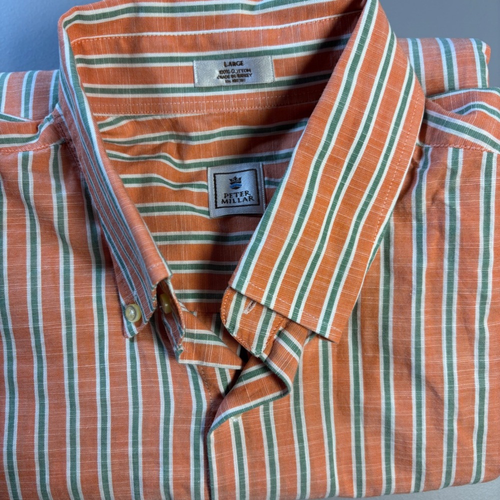 Peter Millar Striped Button Down Shirt Mens Large Orange Green Coastal